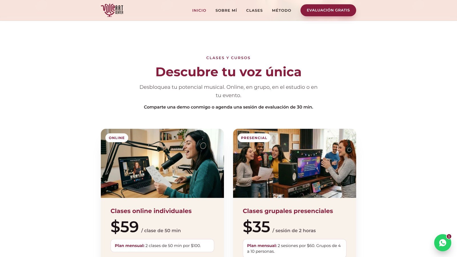 Tarjetas de clases con precio y botón de WhatsApp