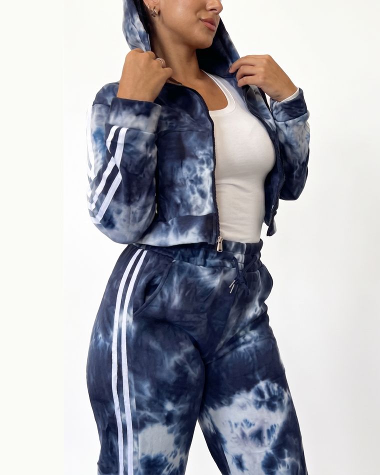 Conjunto Tie-Dye Marino — Campera cropped con capucha + pantalón