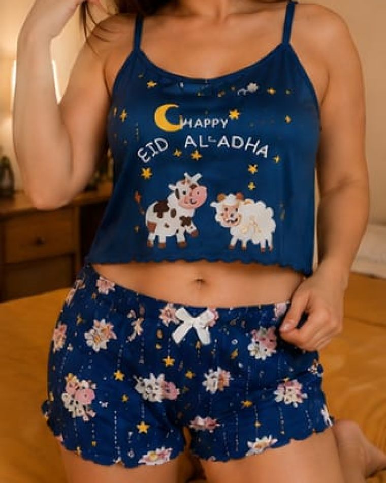 Pijama Luna — Azul noche · crop top + short · estampa «Happy Eid Al-Adha»