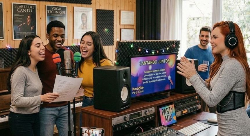 Grupo de alumnos cantando juntos en el estudio