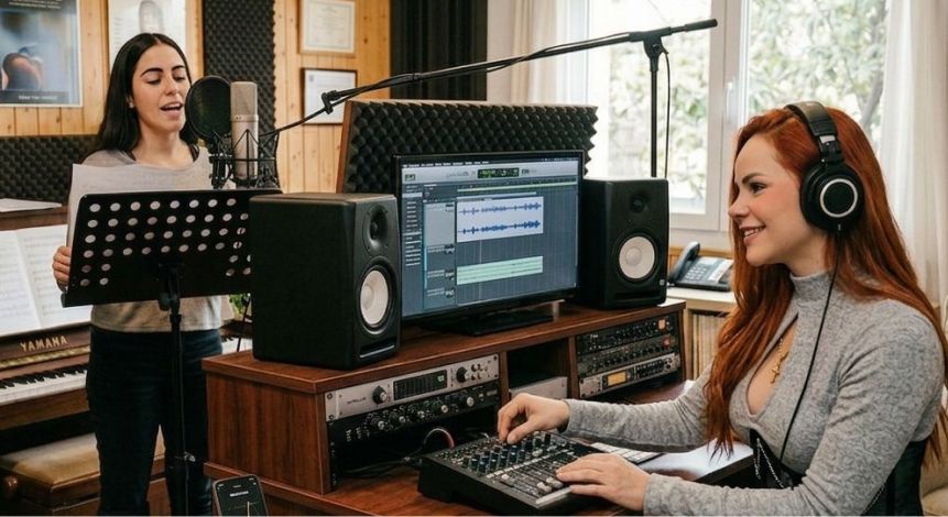 Gabby en la consola mientras una alumna graba en el estudio